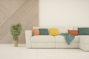 White living room with sofa. Scandinavian interior design. 3D illustration