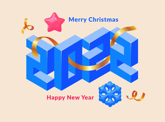 Happy New Year 2022. Blue 3d numbers with  ribbon