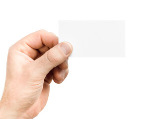 male hand holding business card on white isolated background