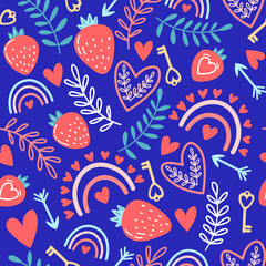  Decorative lovely seamless pattern with hearts and strawberry on dark blue background