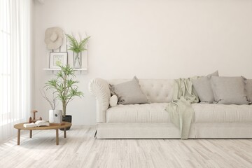 White living room with sofa. Scandinavian interior design. 3D illustration