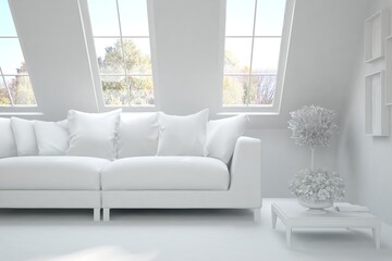 Stylish room in white color with sofa and autumn landscape in window. Scandinavian interior design. 3D illustration