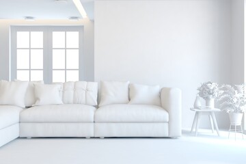 Mock up of minimalist living room in white color with sofa. Scandinavian interior design. 3D illustration
