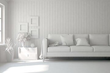 Mock up of stylish room in white color with sofa. Scandinavian interior design. 3D illustration