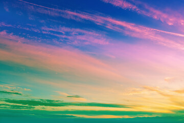 Colorful cloudy sky at sunset. Gradient color. Sky texture. Abstract nature background