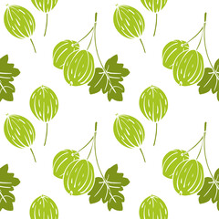 Seamless pattern with gooseberry. Colorful paper cut collection of wild and garden berries and leaves in  style isolated on white background. Doodle hand drawn vector illustration