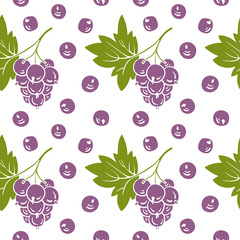 Seamless pattern with black currant. Colorful paper cut collection of wild and garden berries and leaves in  style isolated on white background. Doodle hand drawn vector illustration