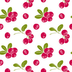 Seamless pattern with cranberries. Colorful paper cut collection of wild and garden berries and leaves in  style isolated on white background. Doodle hand drawn vector illustration