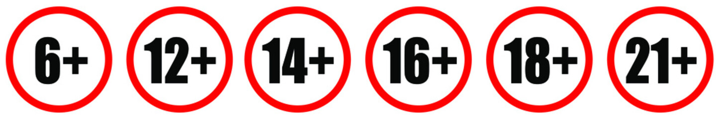 Set of age restriction signs. Marks age limit. Sign for the restriction of the age content. Age limit from six to twenty one.
