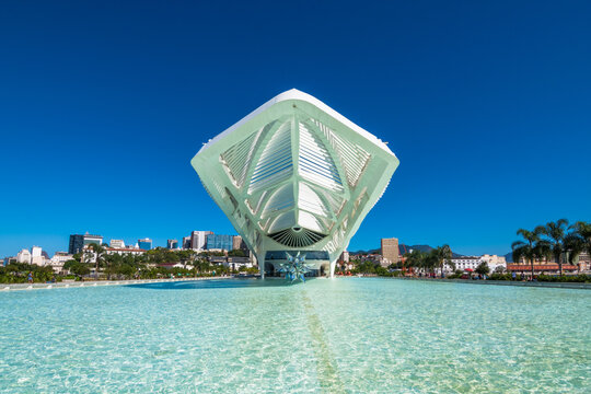 Rio de Janeiro, Brazil, May 2018 - view of Museu do Amanh&atilde;, a modern museum in Rio de Janeiro, and it's reflecting pool