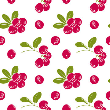Seamless pattern with cranberries. Colorful paper cut collection of wild and garden berries and leaves in  style isolated on white background. Doodle hand drawn vector illustration