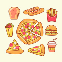 Fast food collection isolated on yellow pastel background