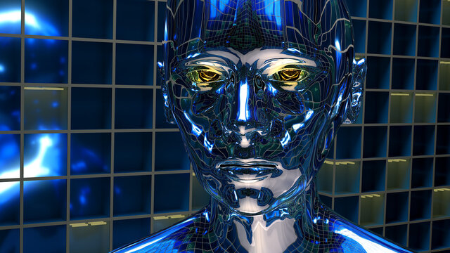 robot face futuristic metal reflections modern fiction head computer technology 3D illustration