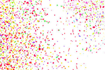 Confetti. Bright explosion. Texture with random geometric elements on isolated white. Abstract background. Pattern for design. Print for polygraphy, posters and banners. Greeting cards