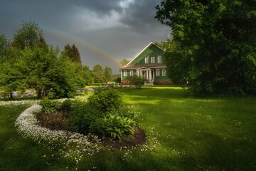 A picturesque view of  old garden. Summer day before a thunderstorm. Dark blue sky with rainbow. Trigorskoe. Pskov.