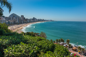 Rio de Janeiro, Rio de Janeiro, Brazil, August 2019 - view of the beautiful and famous Ipanema and Leblon beaches from a viewpoint at Parque Penhasco Dois Irmos (Two Brothers Cliff Park)