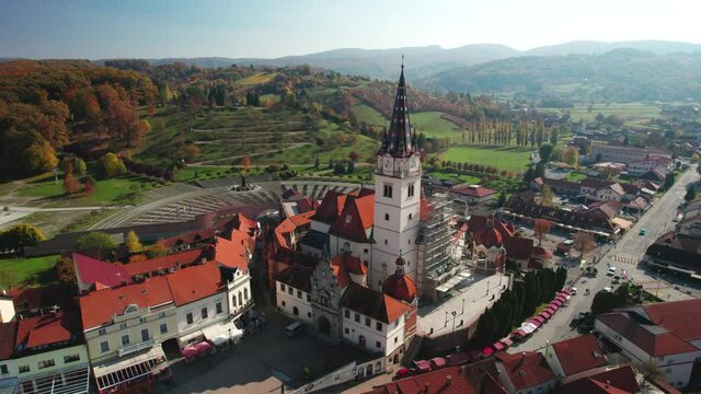 Marija Bistrica sanctuary church and Kalvarija aerial view, pilgrimage Zagorje region of Croatia