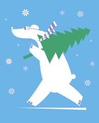 Cartoon bear with a Christmas, New Year day tree illustration.
Polar bear carries Christmas, New Year day fir white on blue background
