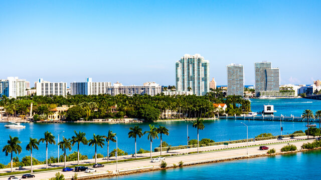 aerial view of Miami and the port with ships