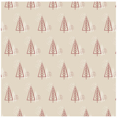 Christmas tree background, cute pattern in beige and red,  Festive trees patterns in doodle design. Vector illustration
