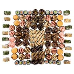 Sushi set on the white background. Closeup of delicious japanese food with sushi roll.