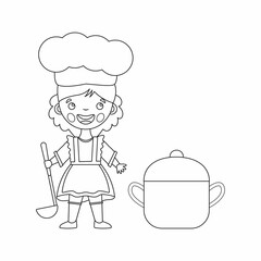 Coloring page outline of cartoon girl chef with large pot. Little cook or scullion in apron and chef hat. Profession. Coloring Book for kids.