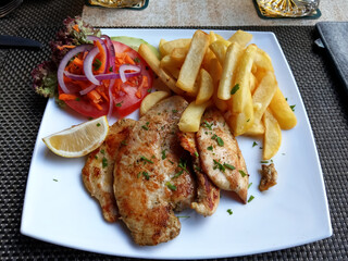 Putenschnitzel, Fleisch, Food, gegrilltes, Pommes, Abendessen, Spanien