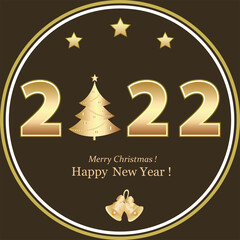 Happy New Year 2022. Christmas greeting card, holiday background with Christmas tree and numbers 2022 in a round frame with bells and stars.