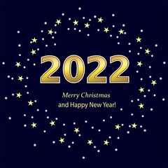 Happy New Year 2022. Christmas greeting card, holiday background with gold numbers 2022 on a dark background with stars. Vector illustration