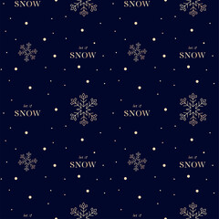 Fototapeta na wymiar Luxury festive background with golden snowflake, bows and Christmas trees on stylish blue background. Ornament for gift wrapping paper, fabric, clothing, textiles, surface textures.
