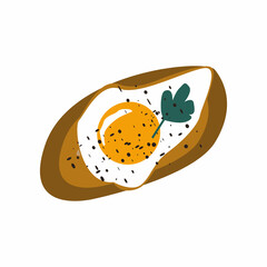 Egg sandwich. Light breakfast toast Brown bread and fried egg. Bread slice and egg with yolk. Morning meal top view vector illustration isolated.