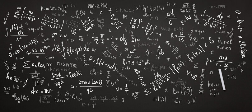 math background, numbers, equations and formulas are written on a black chalkboard with chalk concept for study, school, education, exams, tests