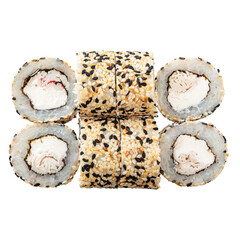 Six of Sushi roll on the white background. Closeup of delicious japanese food with sushi roll. Top view