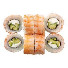 Six of Sushi roll on the white background. Closeup of delicious japanese food with sushi roll. Top view