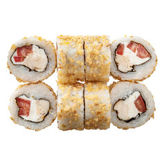 Six of Sushi roll on the white background. Closeup of delicious japanese food with sushi roll. Top view