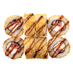 Six of Sushi roll on the white background. Closeup of delicious japanese food with sushi roll. Top view
