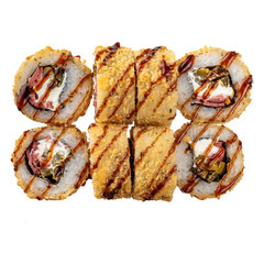 Six of Sushi roll on the white background. Closeup of delicious japanese food with sushi roll. Top view