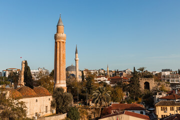 Fototapeta na wymiar Yivli minare Mosque (Yivliminare Cami), Ulu Mosque in Antalya, historical mosque built by the Anatolian Seljuk Sultan Alaaddin Keykubad, The fluted minaret.