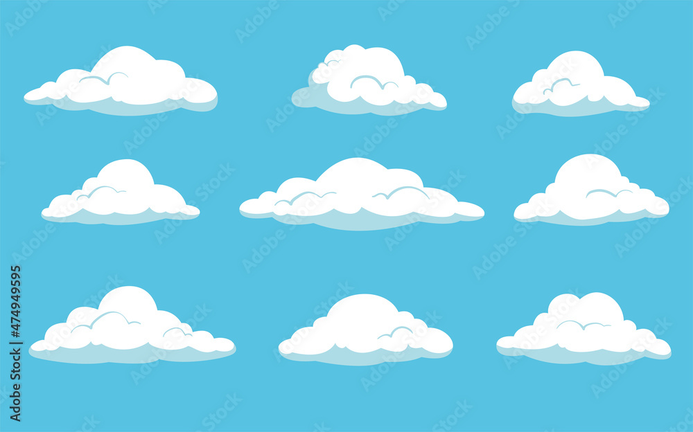 Poster Cloud set. Blue sky and white clouds. Nature weather elements vector flat stock illustration set. Vector icon.