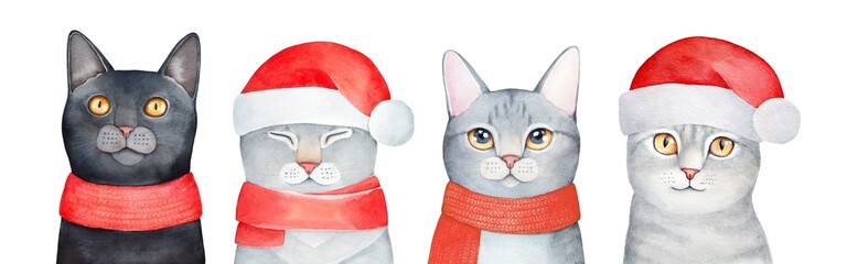 Cute Christmas Cats dressed in bright red Santa's hats and warm winter accessories. Hand painted watercolour on white, isolated clipart elements for design, stickers, card, banner, poster, gift tags.