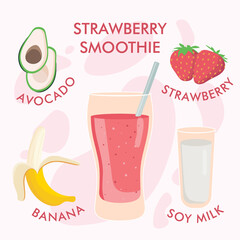 Illustration of healthy vegan strawberry smoothie recipe with ingredients on light background. Can be used as menu element for cafe or restaurant.