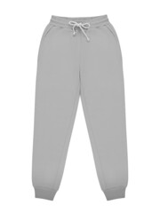 Grey jogger pants mockup. Template sports trousers front view for design. Fitness wear isolated on white