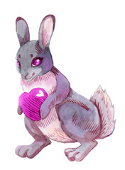 Drawing rabbit of a red heart shape with blots in watercolor on white paper, Valentine's Day theme.