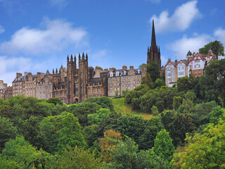 The "Old Town" of Edinburgh lies on a hill above what is referred to as the New Town, viewed here from below