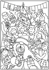 Christmas coloring book for kids. Santa Claus with children, parents, grandparents, adults at the Christmas tree at home. Hand drawn vector coloring page.