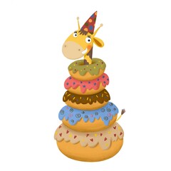 Cute children's birthday illustration with cartoon giraffe and donuts