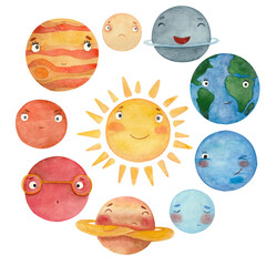 A set of watercolor illustrations with the planets of the solar system