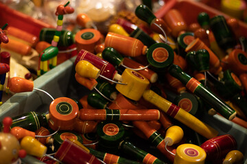 Multicolored Rattle Toy For New Born Babies Infants Or Kids. Eco Friendly Colorful Handmade Wooden Channapatna Ring Toys Originating From Karnataka, India