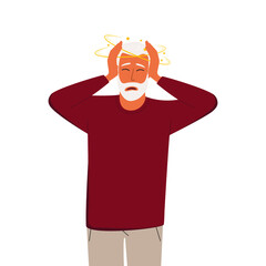 A flat vector illustration of an elderly sick man who is dizzy. Isolated design on a white background.