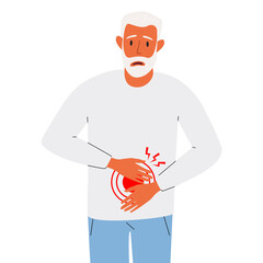 A flat vector cartoon illustration of a elderly man experiencing pain or cramps in the abdominal area. Problems of the digestive system. Isolated design on a white background.